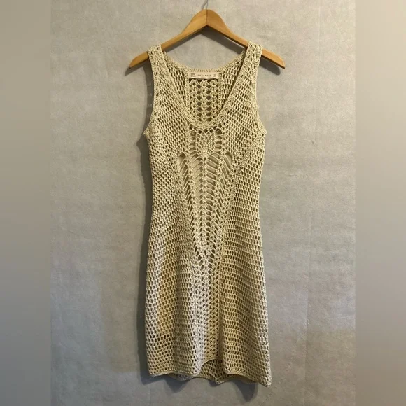 Zara knit crochet sleeveless beach resort wear mini femenine dress SZ M tan boho - Picture 2 of 10